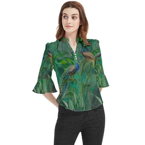 Peacock Paradise Jungle Loose Horn Sleeve Chiffon Blouse by Bedest