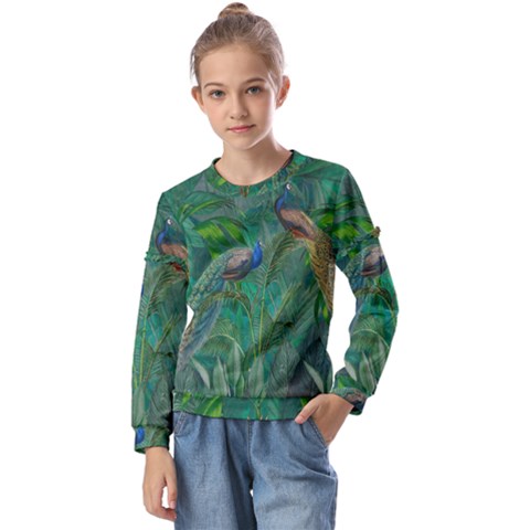 Peacock Paradise Jungle Kids  Long Sleeve T-shirt With Frill  by Bedest