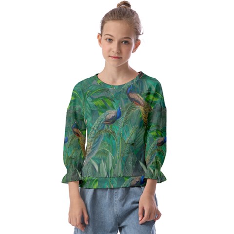 Peacock Paradise Jungle Kids  Cuff Sleeve Top by Bedest