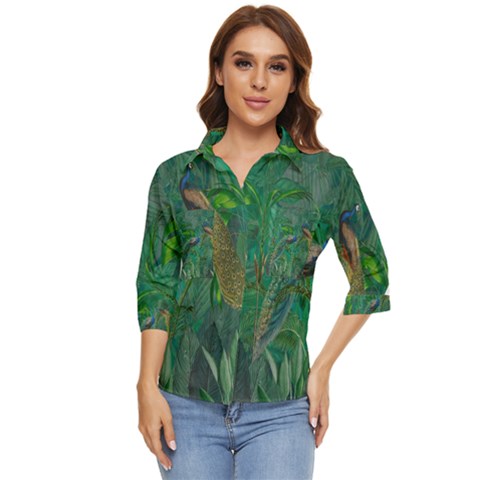 Peacock Paradise Jungle Women s Quarter Sleeve Pocket Shirt by Bedest