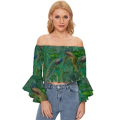 Peacock Paradise Jungle Off Shoulder Flutter Bell Sleeve Top