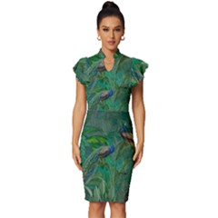 Peacock Paradise Jungle Vintage Frill Sleeve V-neck Bodycon Dress by Bedest