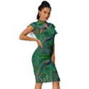 Peacock Paradise Jungle Vintage Frill Sleeve V-Neck Bodycon Dress View3