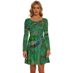 Peacock Paradise Jungle Long Sleeve Wide Neck Velvet Dress by Bedest