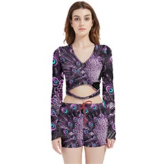 Purple Peacock Velvet Wrap Crop Top And Shorts Set by Bedest