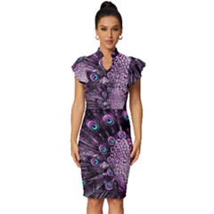 Purple Peacock Vintage Frill Sleeve V-neck Bodycon Dress by Bedest