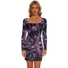 Purple Peacock Long Sleeve Square Neck Bodycon Velvet Dress by Bedest