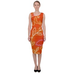 Orange  Leaf And Butterflies Design Sleeveless Pencil Dress