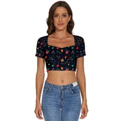 Christmas Pattern Texture Colorful Wallpaper Short Sleeve Square Neckline Crop Top  by Ravend