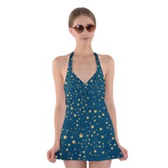 Star Golden Pattern Christmas Design White Gold Halter Dress Swimsuit  by Ravend