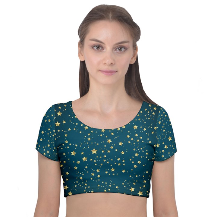 Star Golden Pattern Christmas Design White Gold Velvet Short Sleeve Crop Top 