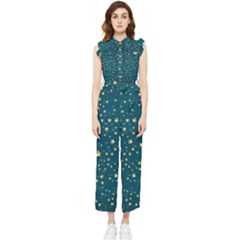 Star Golden Pattern Christmas Design White Gold Women s Frill Top Chiffon Jumpsuit by Ravend