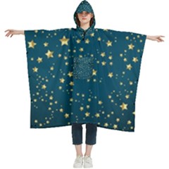 Star Golden Pattern Christmas Design White Gold Women s Hooded Rain Ponchos by Ravend