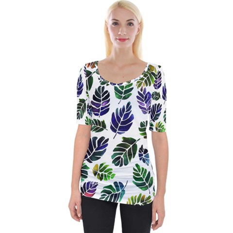 Leaves Watercolor Ornamental Decorative Design Wide Neckline T-shirt by Ravend