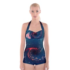 Fluid Swirl Spiral Twist Liquid Abstract Pattern Boyleg Halter Swimsuit  by Ravend