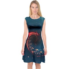 Fluid Swirl Spiral Twist Liquid Abstract Pattern Capsleeve Midi Dress by Ravend