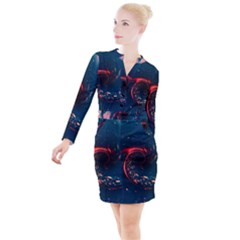 Fluid Swirl Spiral Twist Liquid Abstract Pattern Button Long Sleeve Dress by Ravend