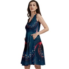 Fluid Swirl Spiral Twist Liquid Abstract Pattern Sleeveless V-neck Skater Dress With Pockets by Ravend