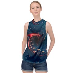 Fluid Swirl Spiral Twist Liquid Abstract Pattern High Neck Satin Top by Ravend