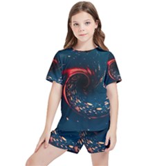 Fluid Swirl Spiral Twist Liquid Abstract Pattern Kids  T-shirt And Sports Shorts Set by Ravend