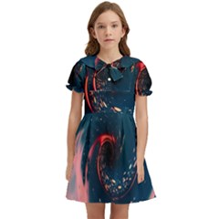 Fluid Swirl Spiral Twist Liquid Abstract Pattern Kids  Bow Tie Puff Sleeve Dress