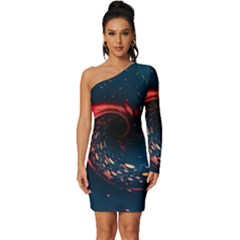 Fluid Swirl Spiral Twist Liquid Abstract Pattern Long Sleeve One Shoulder Mini Dress by Ravend