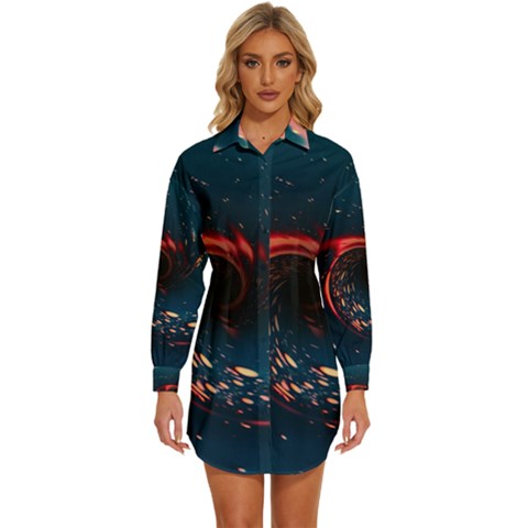 Fluid Swirl Spiral Twist Liquid Abstract Pattern Womens Long Sleeve Shirt Dress by Ravend