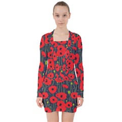 Background Poppies Flowers Seamless Ornamental V-neck Bodycon Long Sleeve Dress by Ravend