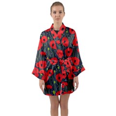 Background Poppies Flowers Seamless Ornamental Long Sleeve Satin Kimono by Ravend