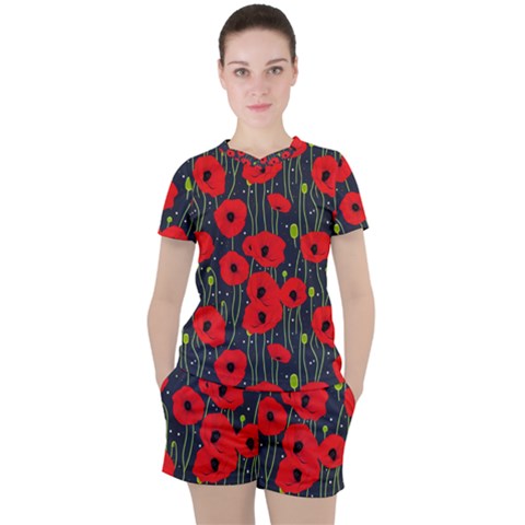 Background Poppies Flowers Seamless Ornamental Women s T-shirt And Shorts Set by Ravend