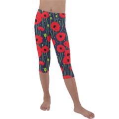 Background Poppies Flowers Seamless Ornamental Kids  Lightweight Velour Capri Leggings  by Ravend