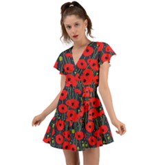 Background Poppies Flowers Seamless Ornamental Flutter Sleeve Wrap Dress by Ravend