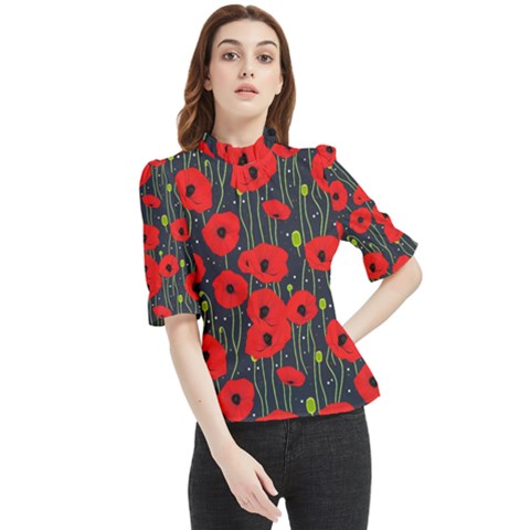 Background Poppies Flowers Seamless Ornamental Frill Neck Blouse by Ravend