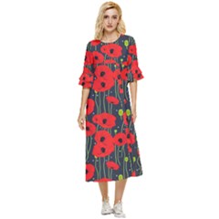 Background Poppies Flowers Seamless Ornamental Double Cuff Midi Dress by Ravend