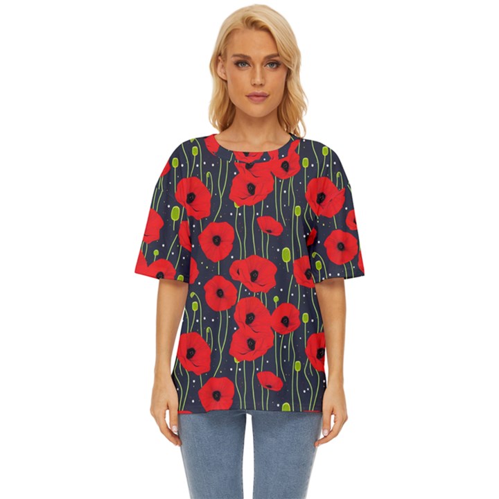 Background Poppies Flowers Seamless Ornamental Oversized Basic T-Shirt