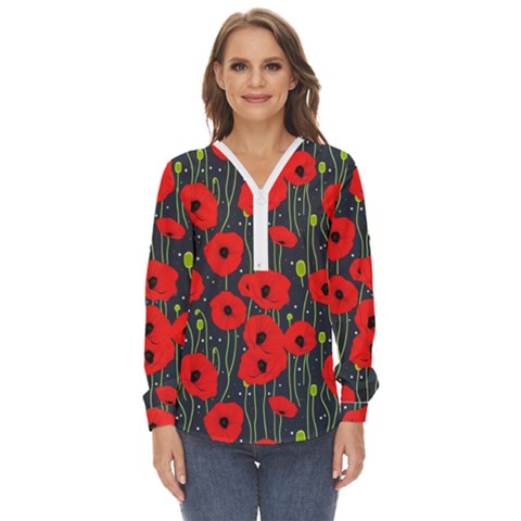 Background Poppies Flowers Seamless Ornamental Zip Up Long Sleeve Blouse by Ravend