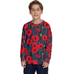 Background Poppies Flowers Seamless Ornamental Kids  Crewneck Sweatshirt