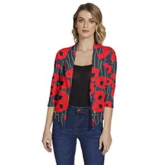 Background Poppies Flowers Seamless Ornamental Women s Draped Front 3/4 Sleeve Shawl Collar Jacket by Ravend