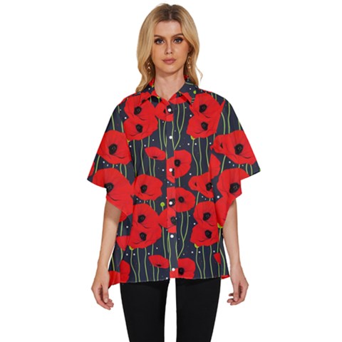 Background Poppies Flowers Seamless Ornamental Women s Batwing Button Up Shirt by Ravend