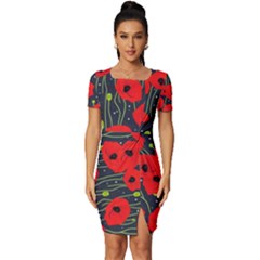 Background Poppies Flowers Seamless Ornamental Fitted Knot Split End Bodycon Dress by Ravend