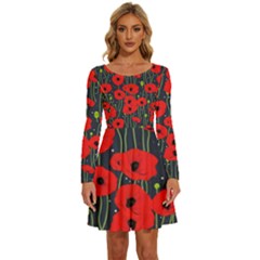 Background Poppies Flowers Seamless Ornamental Long Sleeve Wide Neck Velvet Dress by Ravend