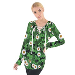 Daisies Clovers Lawn Digital Drawing Background Tie Up T-shirt by Ravend