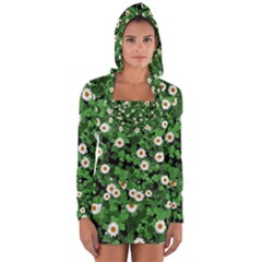 Daisies Clovers Lawn Digital Drawing Background Long Sleeve Hooded T-shirt by Ravend