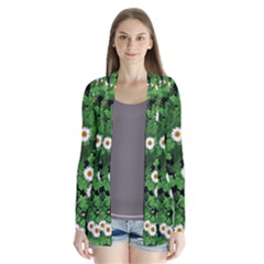 Daisies Clovers Lawn Digital Drawing Background Drape Collar Cardigan by Ravend