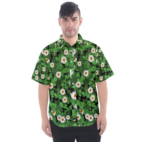 Daisies Clovers Lawn Digital Drawing Background Men s Short Sleeve Shirt by Ravend