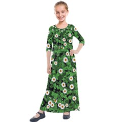 Daisies Clovers Lawn Digital Drawing Background Kids  Quarter Sleeve Maxi Dress