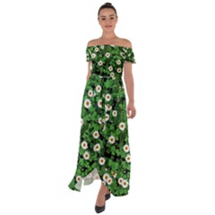 Daisies Clovers Lawn Digital Drawing Background Off Shoulder Open Front Chiffon Dress by Ravend