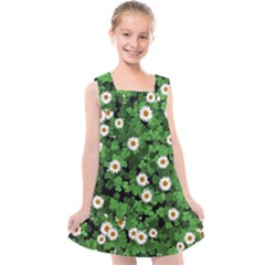 Daisies Clovers Lawn Digital Drawing Background Kids  Cross Back Dress by Ravend