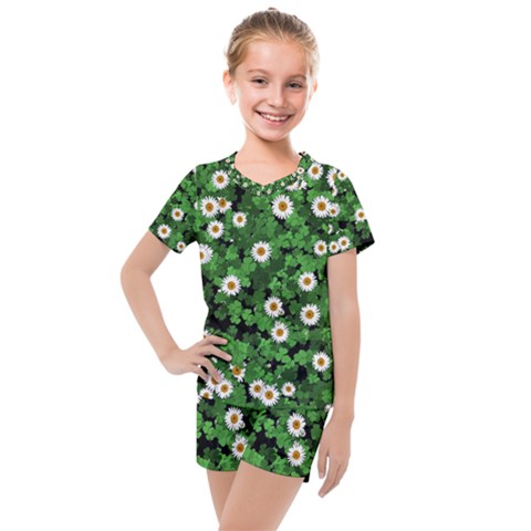 Daisies Clovers Lawn Digital Drawing Background Kids  Mesh T-shirt And Shorts Set by Ravend