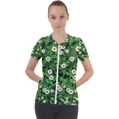 Daisies Clovers Lawn Digital Drawing Background Short Sleeve Zip Up Jacket by Ravend